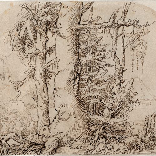 Huber, Wolf - Werkstatt 讲习班。有橡树的景观。



棕色的钢笔水墨画，浅棕色水洗。15,5 x 22 cm。在树干的上部中心有 "15&hellip;