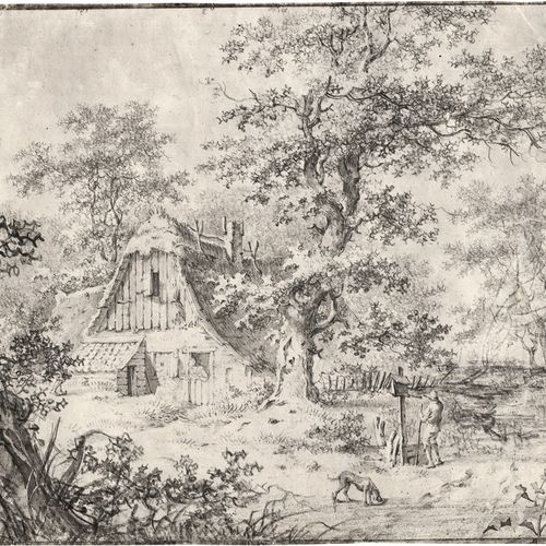 Barbiers, Pieter Pietersz. Ferme couverte de paille dans la forêt avec un randon&hellip;