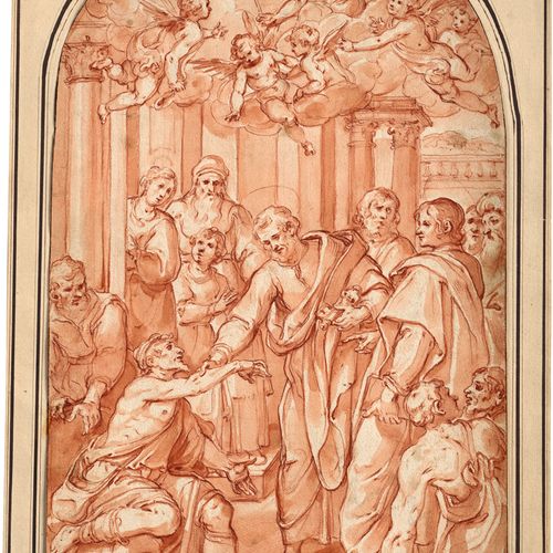 Cigoli, Ludovico - nach 后。彼得和约翰治愈了这个瘸子。



红色粉笔，红色水洗。42,1 x 27,2厘米（半圆形以上）。1606年后&hellip;
