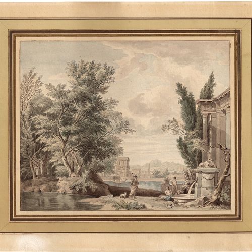 Moucheron, Isaac de Repos au bord de l'eau avec architecture de temple devant un&hellip;