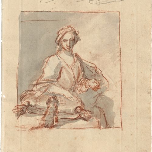 Meister des Manfredi-Albums 一个坐着的女人与一个垫子和一只小狗的研究。



红色粉笔，灰色水洗，上面是用黑色粉笔描绘的样本，在淡黄&hellip;