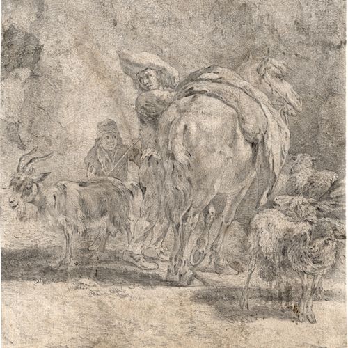 Begeijn, Abraham Cornelisz. 带着羊群的牧羊人在给他的马配鞍。



黑色粉笔，灰色水洗，老式装裱。17,4 x 16,4厘米。