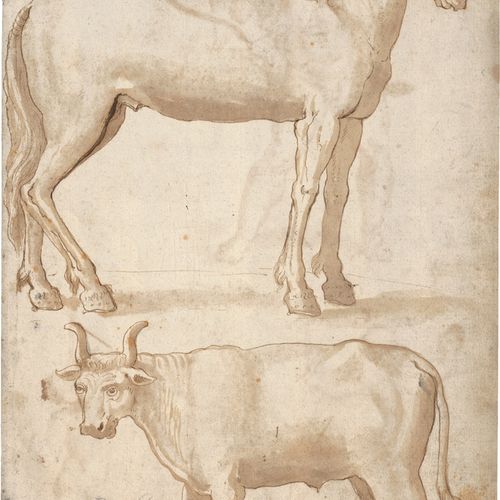 Florentinisch 16世纪早期，一匹马和一头公牛的侧面研究。



黑色粉笔上的钢笔水墨画，棕色水洗，背面：带着弓箭的丘比特和三个普蒂，寓意着战争艺术&hellip;