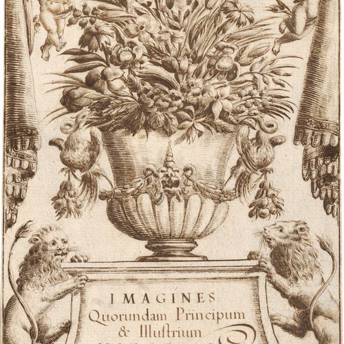 Spada, Valerio Diseño para una portada con ramo de flores, putti y dos leones.

&hellip;