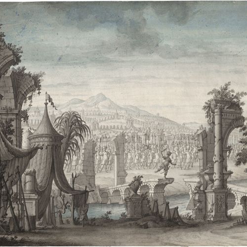 Italienisch 1700年左右，有古代遗迹和野外营地的舞台设计。



黑色和水彩的笔墨画。25,8 x 35,7厘米。
