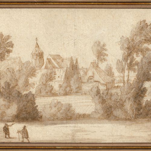FLÄMISCH 17世纪的村庄景色，前景是两个徒步旅行者。



棕色的钢笔水墨画，灰棕色的水洗，老式装裱。23,5 x 38,7厘米。