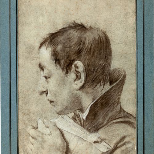 Piazzetta, Giovanni Battista 
一个年轻人的侧面头像，左手拿着一本书。



炭笔，黑褐色粉笔，用白色调高，在淡蓝色的纸上，装在古老&hellip;