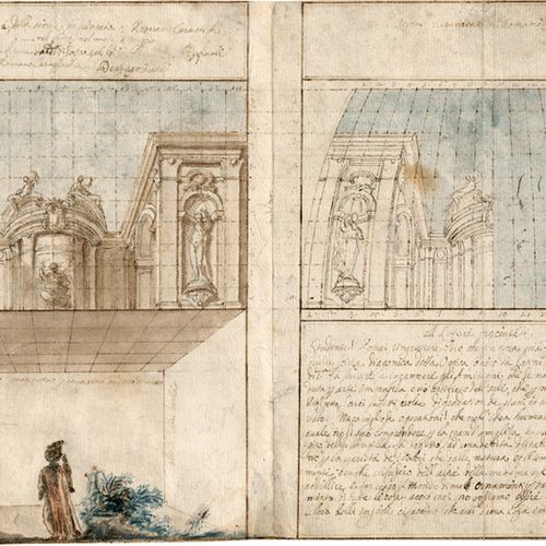 Carapecchia, Romano 巴洛克式的模拟建筑，带有拱顶画的透视构造说明。



棕色的笔墨画，水彩画。26,3 x 40,1厘米。左上方有自己的题&hellip;