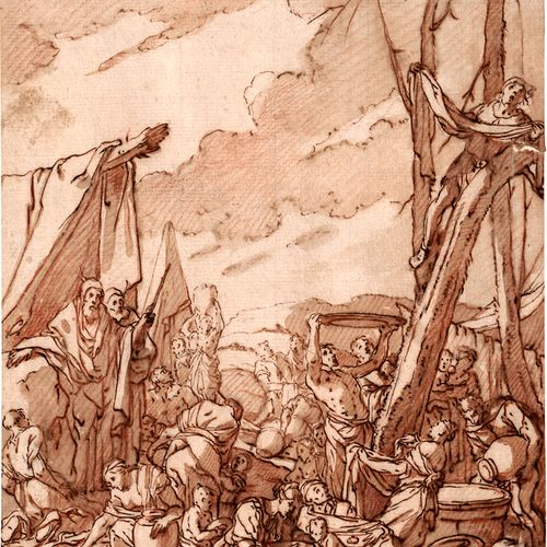 Carpioni, Giulio 以色列人在曼哈顿的人民。



在石墨和红粉笔上用棕色的笔墨画，红褐色的水洗。22,8 x 17,5厘米。