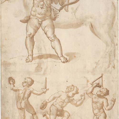 Florentinisch 16世纪早期，一匹马和一头公牛的侧面研究。



黑色粉笔上的钢笔水墨画，棕色水洗，背面：带着弓箭的丘比特和三个普蒂，寓意着战争艺术&hellip;