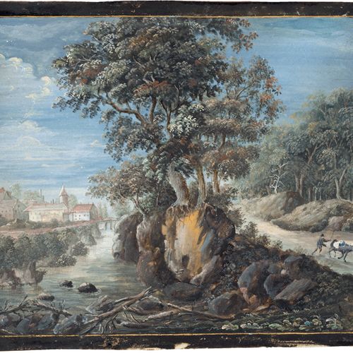 Deutsch 有村庄的河流景观，右边是一个赶驴人。



水粉画在纸上或牛皮纸上，有金色的边线和黑色的边缘，在木头上层叠。11.9 x 14.5厘米。