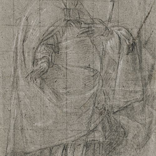 Domenichino 站立的圣人，带着长袍和手杖。



黑白粉笔，在灰蓝色的纸上用黑色铅笔画出方形，背面是人物研究。38.2 x 23.1厘米。