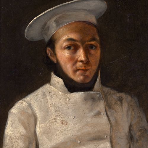 Deutsch vers 1840. Portrait d'un cuisinier en veste de cuisine blanche et avec u&hellip;
