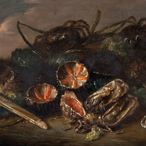 Neapolitanisch 海胆、螃蟹、海藻和海鲜的静物画。

铜上油彩。25,8 x 39 厘米。