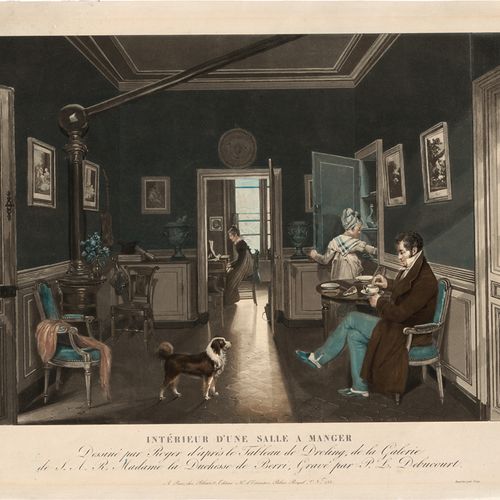 Debucourt, Philibert Louis 厅堂内的环境；厨房内的环境。2张水印蚀刻版画，可能有当代色彩，出自马丁-德洛林之手。每个约44 x 51,&hellip;