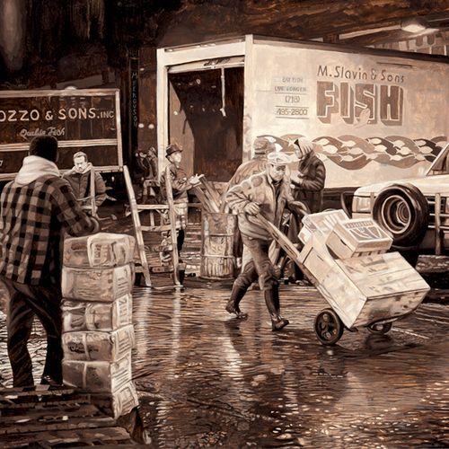 Ferguson, Max 富尔敦街鱼市。

纸上油彩。31.8 x 45厘米。在卡车之间垂直签名 "Mx[结扎]弗格森"。(2008).