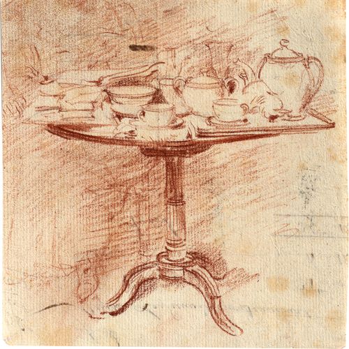 Französisch Après le dejeuner": 沙龙桌上的菜肴。

手工纸上的红色粉笔。13,9 x 13,9 cm。背面有法文的钢笔注释。语言&hellip;