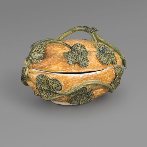 Terrine Deckelterrine in Form einer Melone.

Fayence, Aufglasurfarben in Gelb, G&hellip;