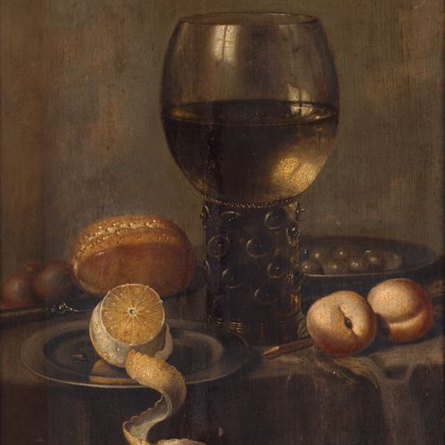 Sant, Hans van 静物画里有一个装满的罗马人，一个切好的柠檬放在锡盘里，樱桃放在锡碗里，桃子，李子和面包。

木头上的油彩，拼花。48.1 x 32&hellip;