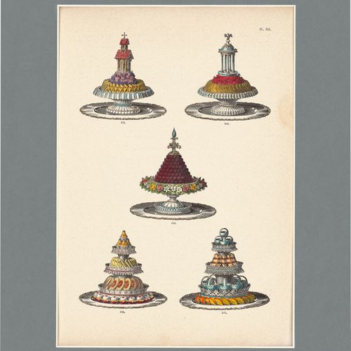 BERNARD, EMILE 和乌尔班-杜波依斯（1818年特雷兹-1901年尼斯）。酥饼、虾、肉酱和其他美味佳肴。亨利-穆勒的6幅古老的着色石版画，用金色和银&hellip;