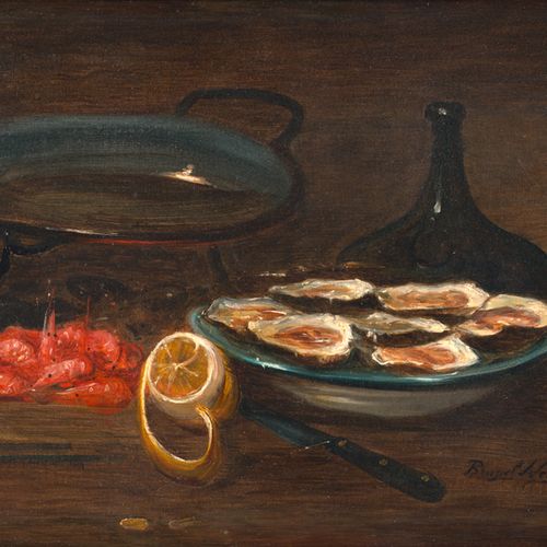 Brunel de Neuville, Alfred Arthur Oysters, shrimps and lemon.

Oil on canvas. 43&hellip;