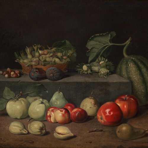 Beck, Jacob Samuel 榛子、甜瓜、无花果、苹果、梨子和桃子的静物画。

布面油画，装裱。57,2 x 76,2厘米。瓜子下有 "Beck f. &hellip;
