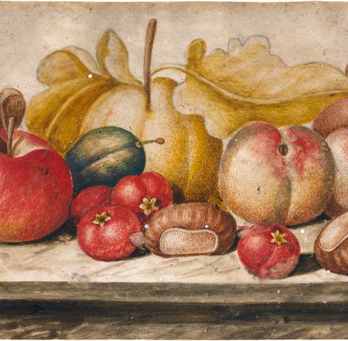 Monfort, Octavianus 甜瓜、桃子和栗子放在大理石盘中。

牛皮纸上的铜版画。16.4 x 26.7厘米。