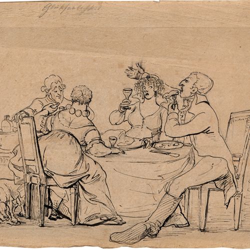 Österreichisch -- 幸福 --

18世纪的 "幸福"：小桌子上的聚会盛宴。

在手工纸上用黑色铅笔画的笔墨画。25,5 x 38 厘米。上方空&hellip;