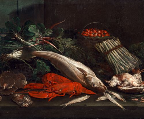 Niederländisch Natura morta con aragosta, pollame, pesce, verdure e fragole.

Ol&hellip;