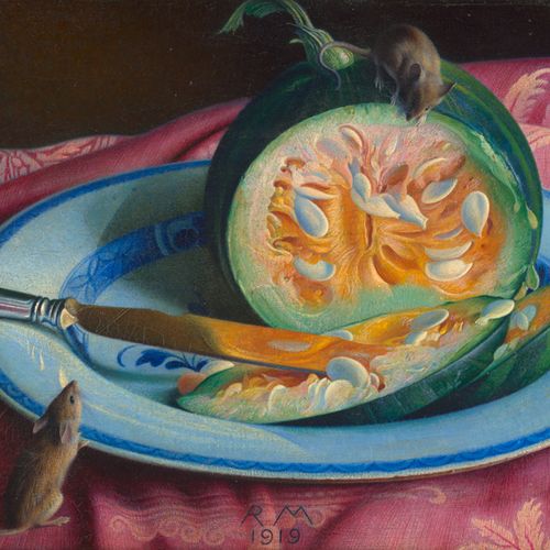 Müller, Richard Chapeau melon. 

Huile sur toile. 32 x 43,5 cm. Monogrammé et da&hellip;