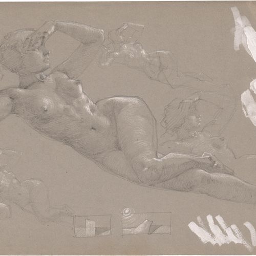 Rothaug, Alexander 躺着的女性裸体，保持观望状态。

铅笔画，用白色增高，在灰色的编织纸上（papier vélin）。

23,3 x 32&hellip;