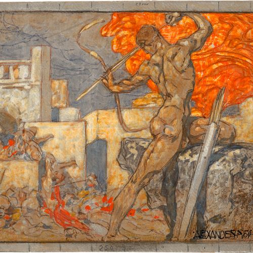 Rothaug, Alexander 特洛伊之战（阿波罗，发出瘟疫之箭）。

灰色纸板上的淡彩画。约1920年。

21.2 x 26.3厘米。

右下方有黑色&hellip;