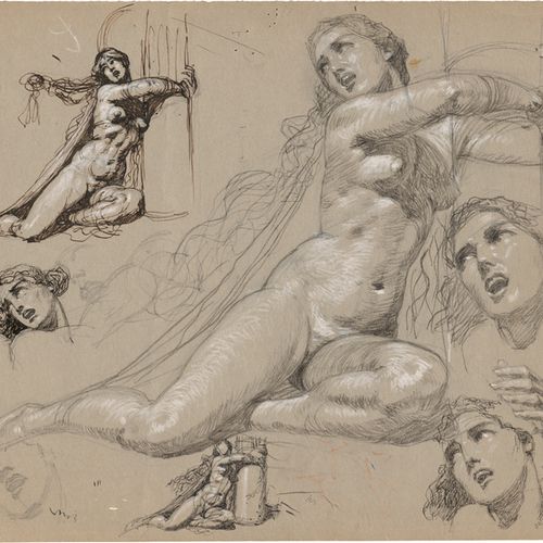 Rothaug, Alexander 坐着的女性裸体，研究。海伦娜

用黑色和铅笔画的粉笔和水墨画，用白色调高，印在灰色编织纸上（papier vélin）。
&hellip;