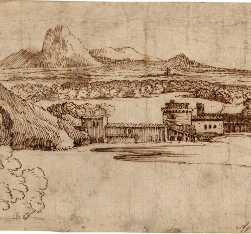 Italienisch um 1600. Landschaft mit Kastell.

Feder in Braun. 11,2 x 19,5 cm. Un&hellip;