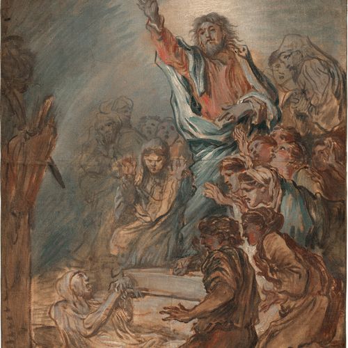 Genuesisch 17e siècle La résurrection de Lazare.

Esquisse à l'huile en brun, bl&hellip;