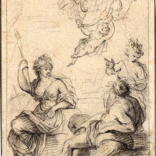 BARTOLOZZI, Francesco 寓意为河神、两个女性形象和一个手持纹章的普陀。

黑色粉笔，装在老的收藏家的支架上。18,3 x 12,1厘米。裱框&hellip;