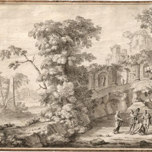 Monogrammist CL Paysage arcadien de ruines avec obélisque et pêcheurs.

Pinceau &hellip;