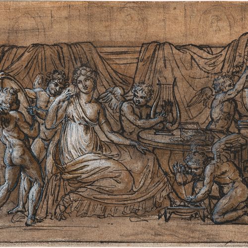 Französisch Venus en el retrete rodeada de putti.

Dibujo a pluma en negro sobre&hellip;