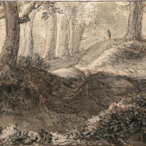 FLÄMISCH Hilly forest landscape with staffage figures.

Brush in gray and brown &hellip;
