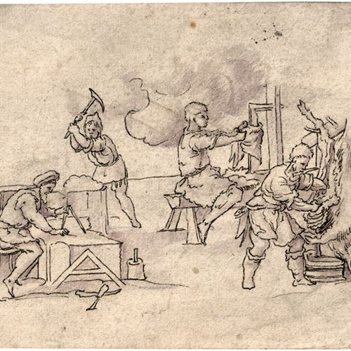 Bocksberger d. J., Johann Melchior 四个工匠：石匠、建筑师、皮匠和屠夫在工作。

棕色的钢笔水墨画，紫色的水洗。10,7 x &hellip;