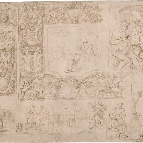 Spada, Valerio 带有神话和圣经场景以及怪诞装饰的学习单。

棕色的钢笔水墨画。25 x 39,5厘米。