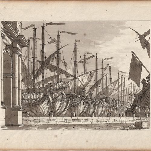 Galliari, Gasparo 带有港口场景和大帆船的剧院简介。

黑色和灰色的钢笔画，灰色水洗，黑色铅笔的痕迹。37,3 x 53,4厘米。以二级标记 "&hellip;