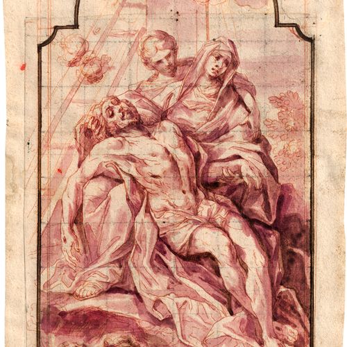 Süddeutsch 18世纪中叶的祭坛画研究，有Pietà。

红色粉笔，棕色和紫色水洗，用黑色粉笔画出方形。21,9 x 13,3厘米。
