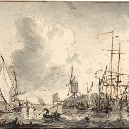 Niederländisch 18. Jh. Kleine Hafenszene mit Segelschiffen und Windmühle.

Feder&hellip;