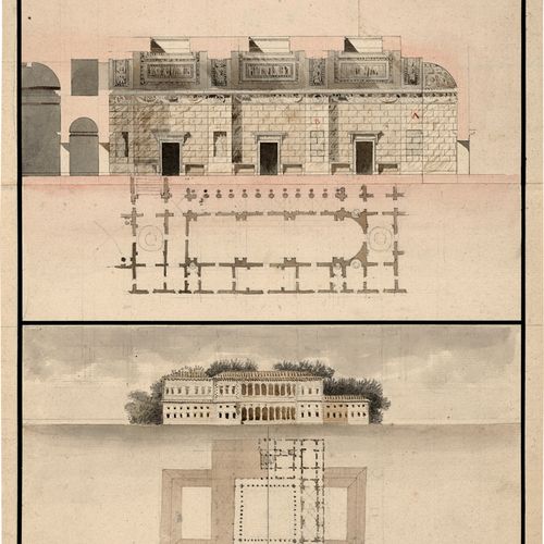 Dufourny, Leon Diseño para un palacio (planta y fachada). 

Dibujo a pluma en ma&hellip;