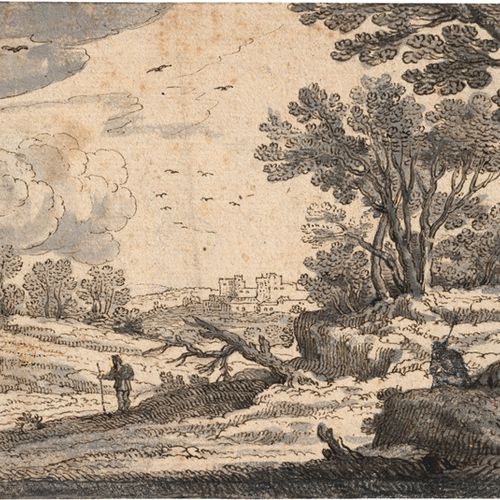 Niederländisch 17世纪的风景，有一个徒步旅行者。

棕色的钢笔水墨画，灰色水洗。11,4 x 16,7 cm。背面有棕色钢笔墨水的老收藏家说明"&hellip;
