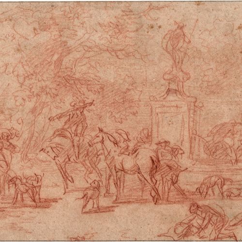 Berchem, Nicolaes 在喷泉边吃大餐。

手工纸上的红色粉笔。18,6 x 29厘米。盾牌上有阿姆斯特丹的盾形纹章。