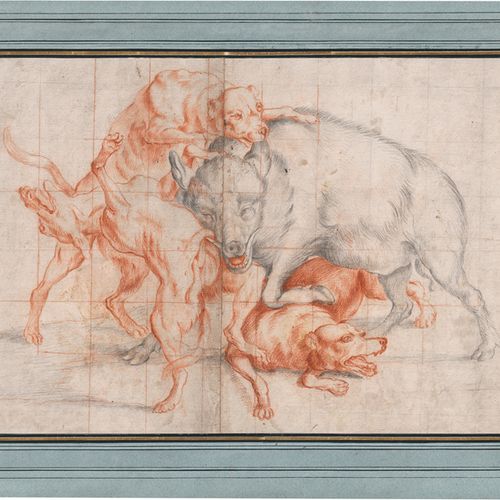 Deutsch 18世纪的野猪猎手与野猪搏斗。

黑色铅笔和红色粉笔，装裱，旧。33,7 x 46,4厘米。