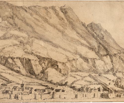 Schellinks, Willem - zugeschrieben 归于。一座山前的小镇景色，有一座堡垒（可能是萨瓦省的蒙特梅利安）。

黑色粉笔，灰色水洗。&hellip;