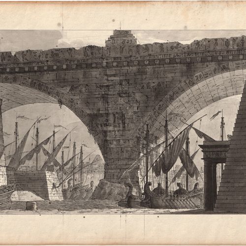 Galliari, Gasparo Prospectus de théâtre avec un pont portuaire imposant.

Plume &hellip;